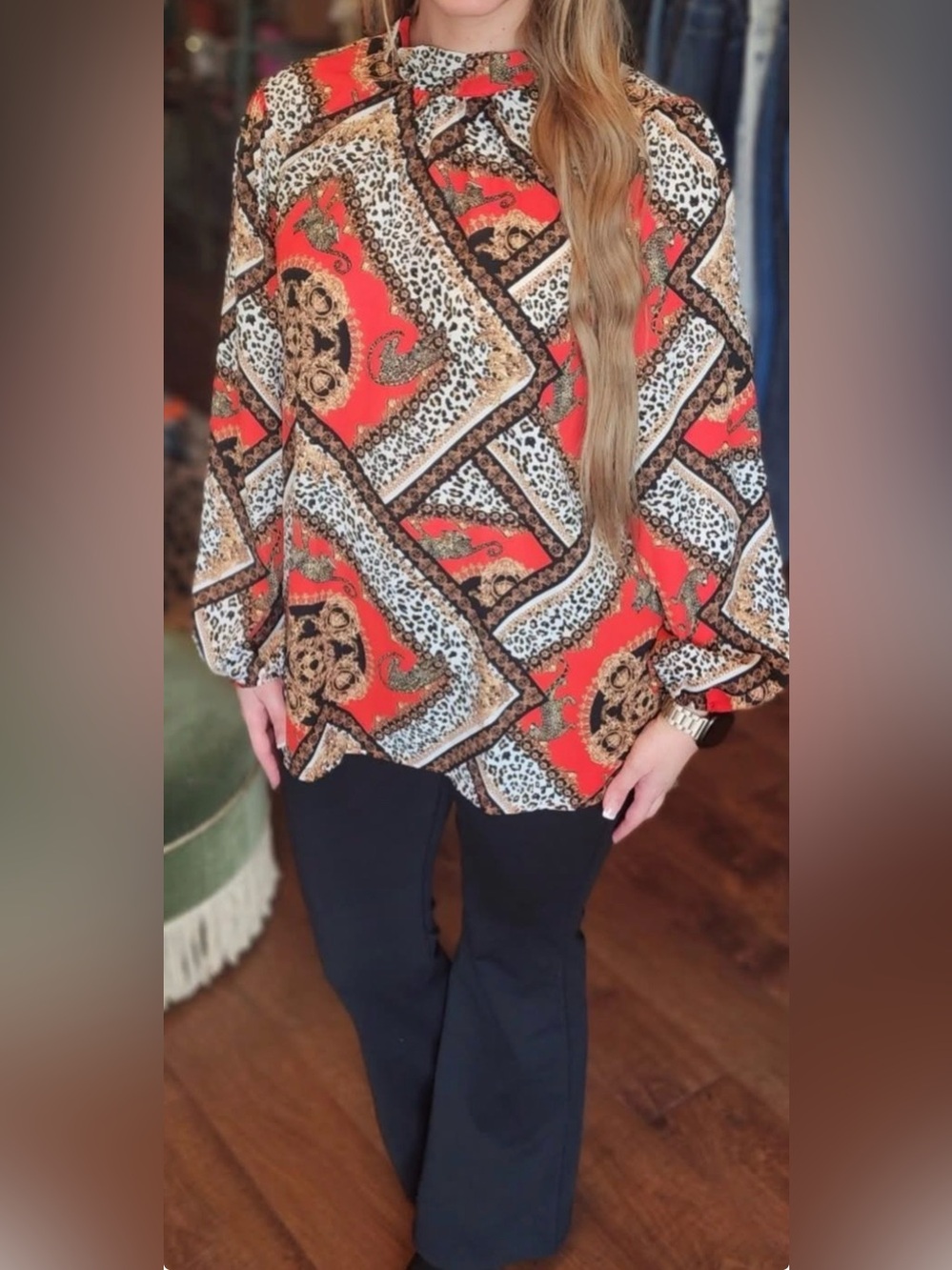Red & Animal Print Blouse